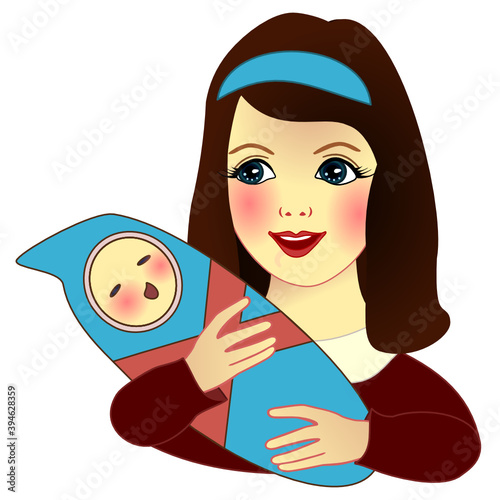 mother or babysitter holds swaddled baby in her arms, vector color illustration, clip art on white isolated background