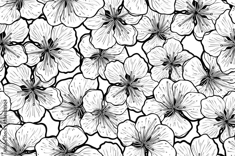 Seamless pattern of hand drawn cherry flowers, vector