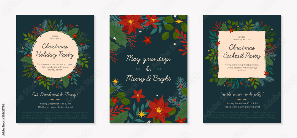 Set of Christmas and Happy New Year greetings and party invitations templates.Modern vector layouts with traditional winter holiday symbols.Xmas trendy designs for banners; invitations; prints.