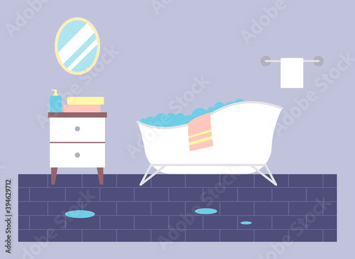 Bathroom, bathtub with foam, towel. Water puddles on blue tiled floor. Personal hygiene products on cupboard. Mirror, towel holder atthe wall. Taking a bath. The concept of staying home. Flat image