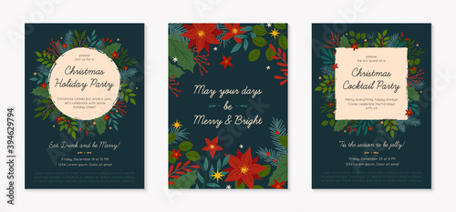 Set of Christmas and Happy New Year greetings and party invitations templates.Modern vector layouts with traditional winter holiday symbols.Xmas trendy designs for banners; invitations; prints.