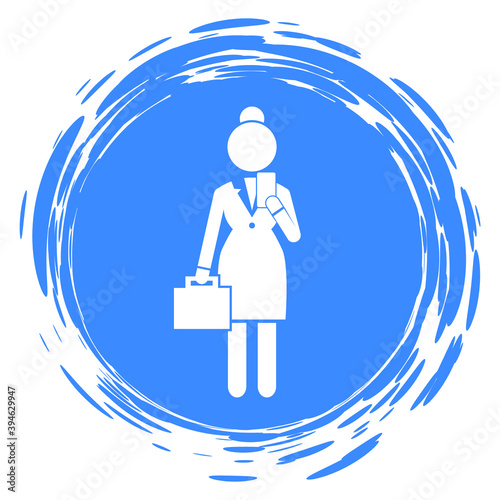 Flat vector silhouette of businesswoman with briefcase and smartphone. Head woman. Vector schematic simplified figure. Business infographics. Female in strict white suit. Rounded edges shape