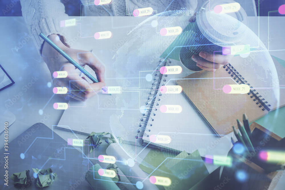 Double exposure of hands making notes background with technology and digital coding huds. Data learning concept. Double exposure of hands making notes background with technology and digital coding huds. Data learning concept.