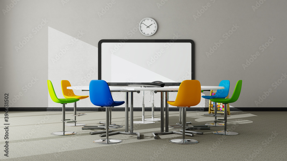 Preschool classroom idea with round table and colorful seat, carpet floor, painting wall and white board 3D rendering Preschool classroom idea with round table and colorful seat, carpet floor, painting wall and white board 3D rendering