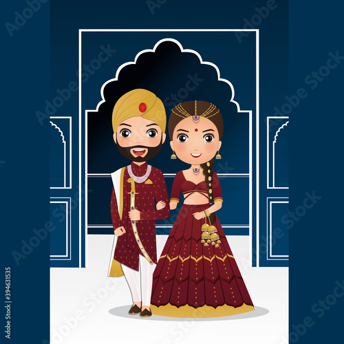  Wedding invitation card the bride and groom cute couple in traditional indian dress cartoon character. Vector illustration.