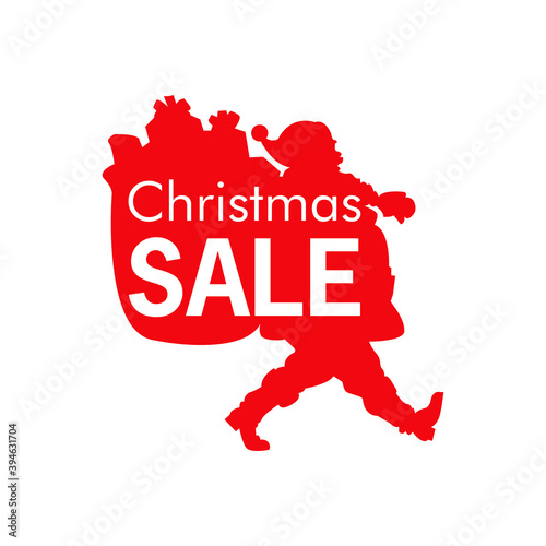 Rebajas de Navidad. Logotipo con texto Christmas Sale en silueta Papá Noel con bolsa de regalos en color rojo