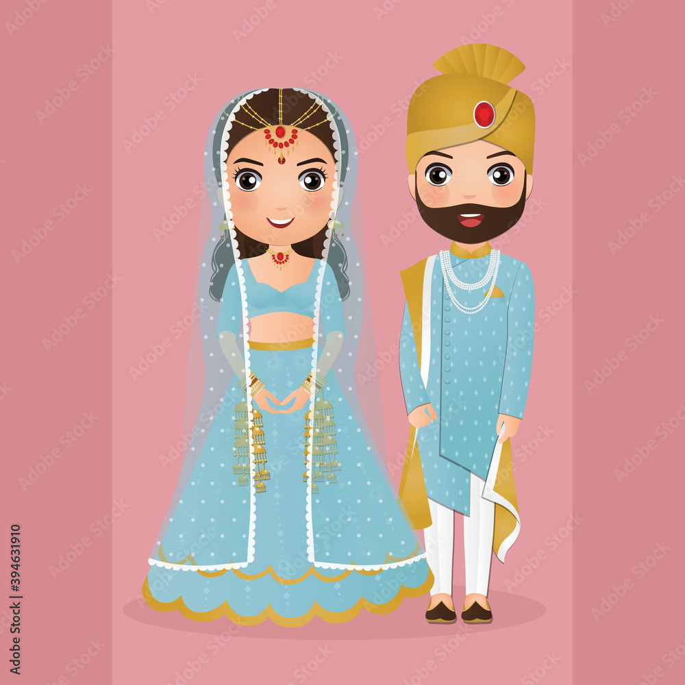Cute couple in traditional indian dress cartoon  wedding  invitation card Stock Vector | Adobe Stock