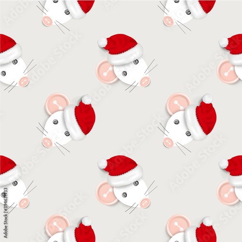 Fototapeta Naklejka Na Ścianę i Meble -  Hand drawn seamless pattern of a mouse / rat crafted with realistic sewing buttons and santa's hat 