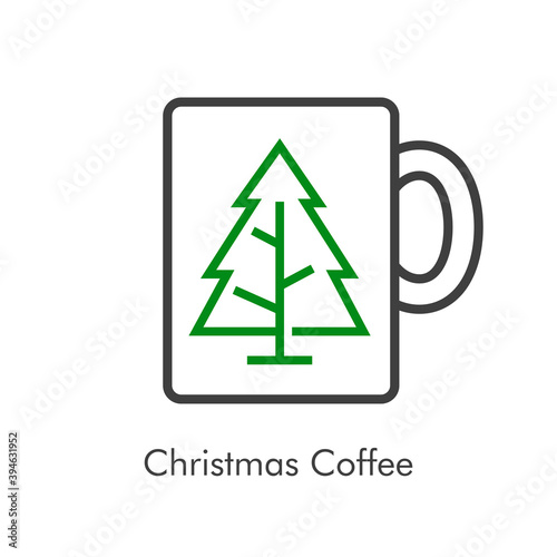 Tiempo de navidad. Logotipo con taza de café con árbol de navidad con lineas en gris y verde