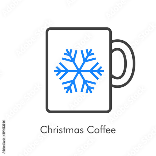 Tiempo de navidad. Logotipo con taza de café con copo de nieve con lineas en azul y gris