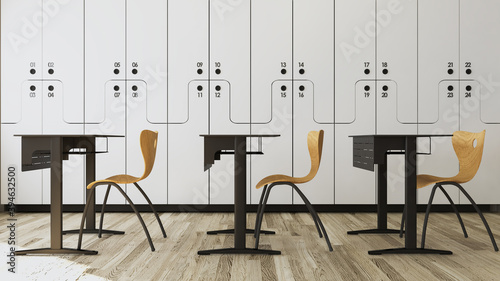 White student locker in modern empty classroom with wooden chair and desk concept 3D rendering.