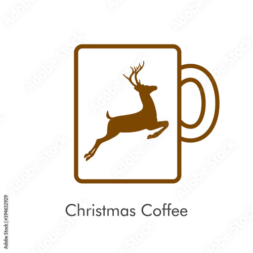 Tiempo de navidad. Logotipo con taza de café con silueta de rena saltando con lineas color marrón