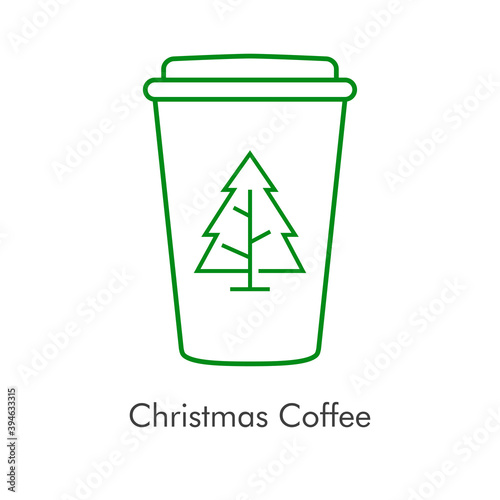 Tiempo de navidad. Vaso de café. Logotipo con vaso de plastico con tapa con árbol de navidad con lineas de color verde