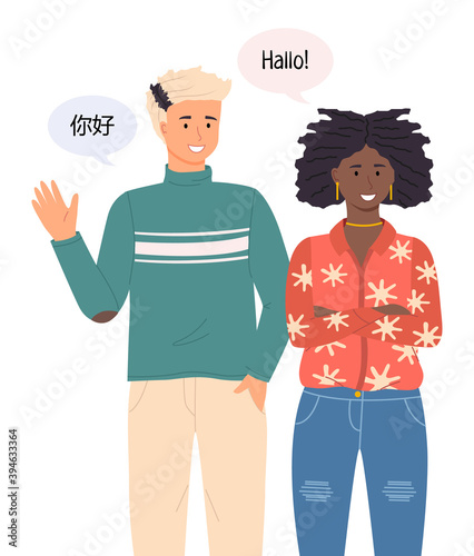 International nationality race man waving hand, african-american girl gesturing saying hello, people welcome, talk at native language, dialogue cloud, linguistic difference, diverse nations, ethnicity