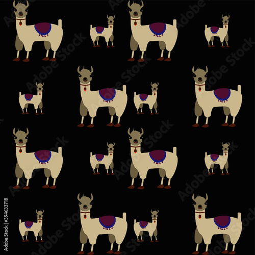 Seamless pattern with cute cartoon alpaca on the dark grey background.