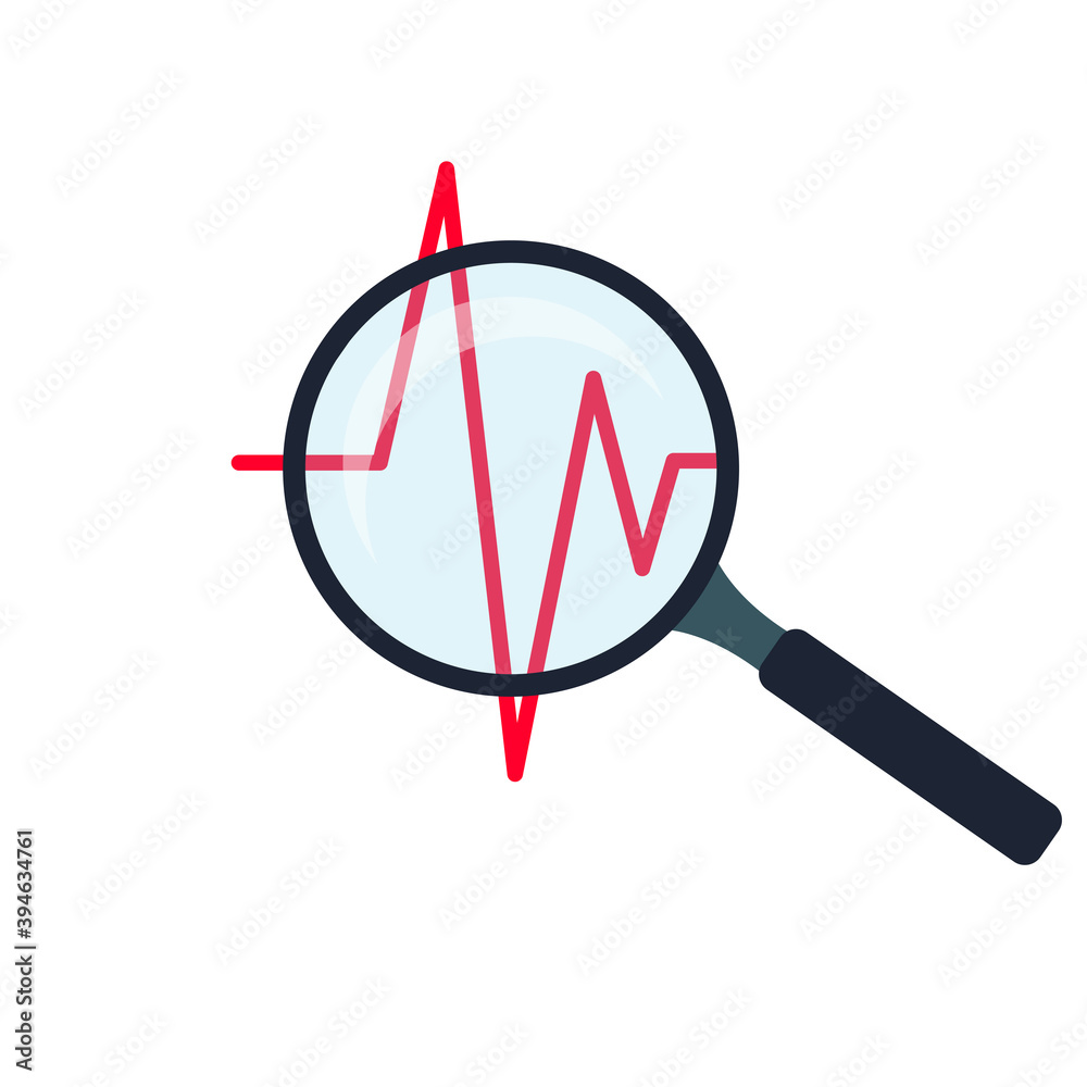 Pulse and glass magnifier illustration. Heartbeat symbol of cardiology Pulse and glass magnifier illustration. Heartbeat symbol of cardiology