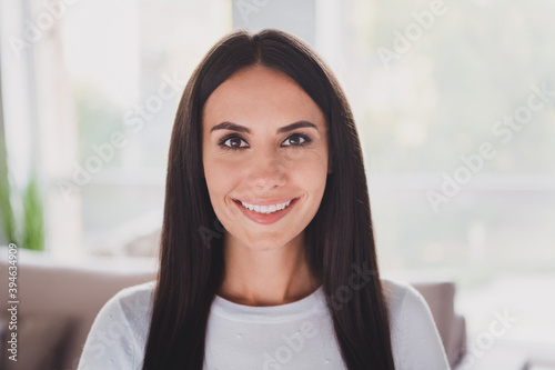 Photo of charming happy brunette woman beaming smile morning at home good mood indoors inside house