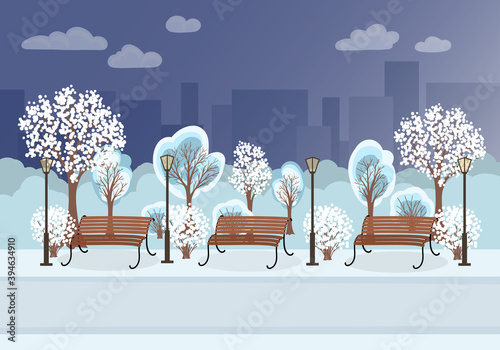 Winter city park with snow, snowy trees and bushes landscape, benches, street lamps and cityscape or buildings background. Vector illustration.