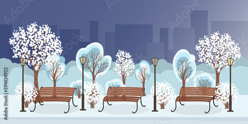 Winter city park with snow, snowy trees and bushes landscape, benches, street lamps and cityscape or buildings background. Vector illustration.