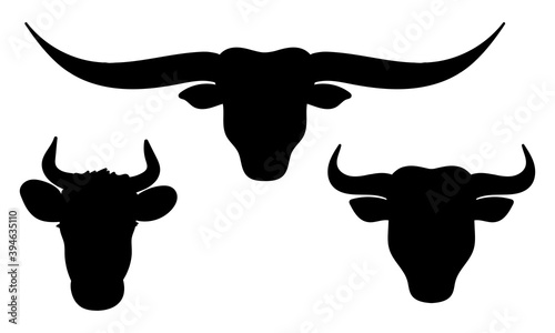 Cow and bull head silhouette or icon. Cattle animal faces. Vector illustration.