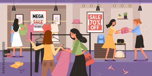 Girls fighting over the clothes. Woman in store arguing during the sale. Black friday concept. Discounts in boutique. Angry female characters standing with a purchases. People debating about clothes