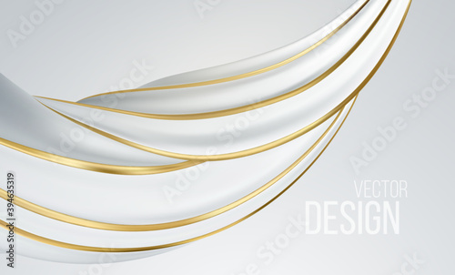 Realistic white and gold swirl shape isolated on white background. Liquid abstract modern banner design. Vector illustration