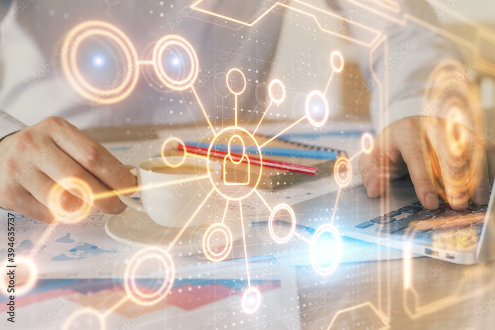 Media network theme hologram with man working on computer on background. Concept of internet communication. Double exposure.