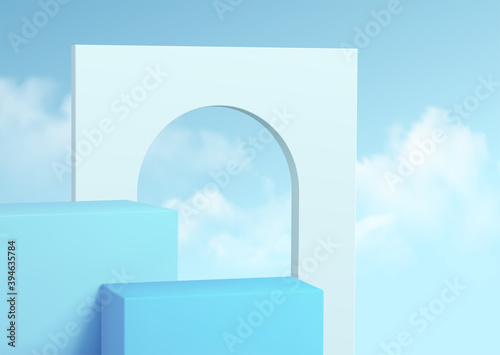 Blue product podium showcase on the background of clear sky with clouds. Podium show cosmetic product 3d realistic Vector illustration