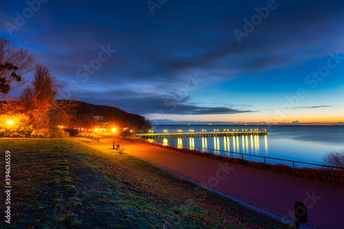 Beautiful landscape with wooden pier in Gdynia Orlowo before sunrise, Poland