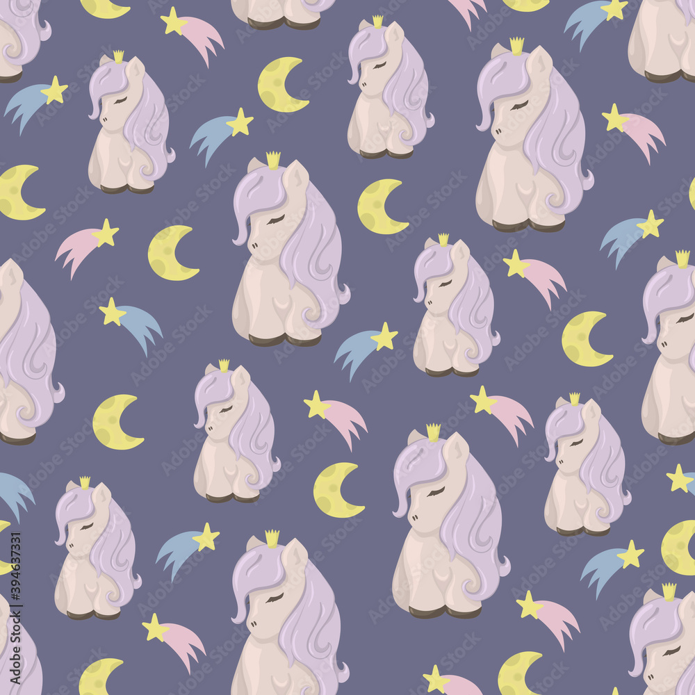 Seamless pattern with cute ponies, moon and stars. Decorative wallpaper for the nursery in the Scandinavian style. Vector. Suitable for children's clothing, interior design, packaging, printing.