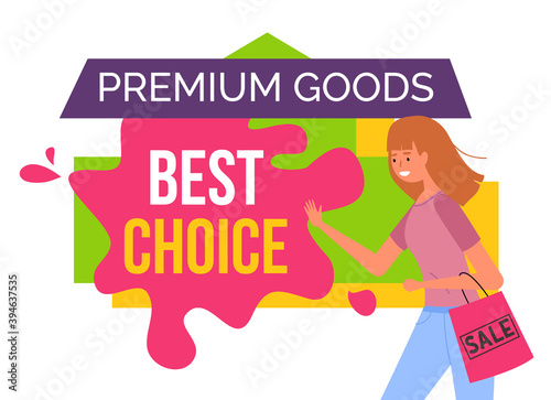 Woman with shopping bag in her hands goes after purchases. Young beautiful girl shopping. Female character is in a hurry to shop. Advertising of the best choise of premium goods. Sale announcement