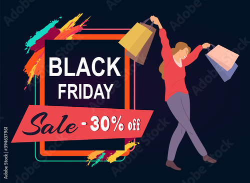 Thirty percent discount announcement. Sale advertisement. Happy woman with shopping bags in her hands. Young beautiful girl picks up multi-colored packages with clothes. Female character shopping