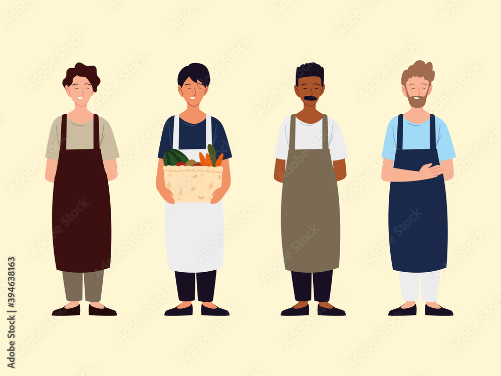 Fototapeta premium group men apron characters with apron and basket