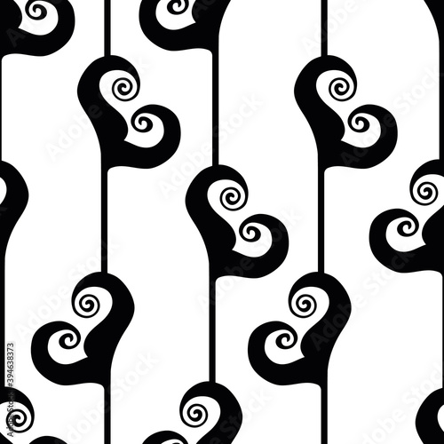 Vector art deco stylized floral foliage black white seamless pattern background. Elegant monochrome geometric backdrop with tall swirly abstract flowers or leaves Decorative 1920s style all over print