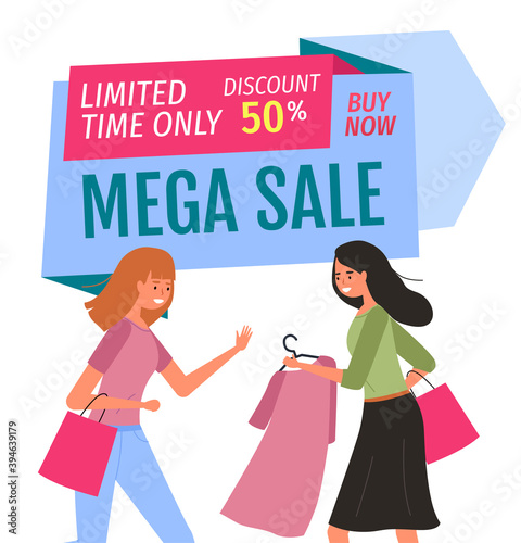 Girl with hanger shopping. Buyers are selecting clothes in a store. Mega sale and limited-time discount concept. Female characters with purchases spend time together. Woman showing dress to her friend