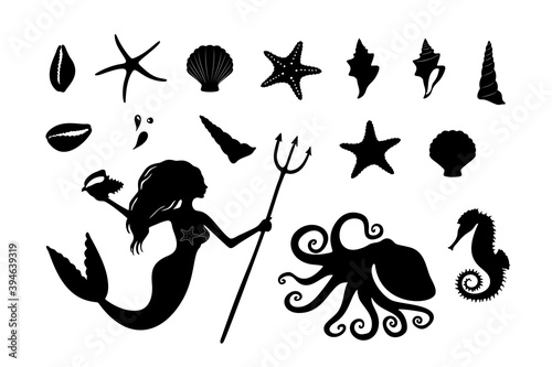 Collection of underwater fauna and mermaid black ink silhouettes isolated on white background