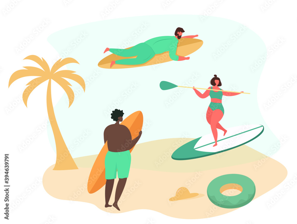 Beach Holiday and Activites at Sea, Surfing,Stand up Paddle and Sunbathe under Palm Tree Along Coast.Characters with Swim Ring.Summer Holiday Relaxing.Flat Vector Illustration