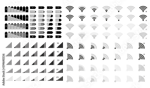 Phone signal and battery icons. The top icon of the mobile interface is set for network signals and phone charge level. Battery charge, Wi-Fi signal and connection level sign. Vector