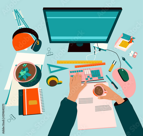 Top view concept of creative hand drawn home workspace.Hands press keyboard buttons,holding cup of coffee,newspaper.Computer with mouse,office supplies on desktop.Engineer or architect morning routine