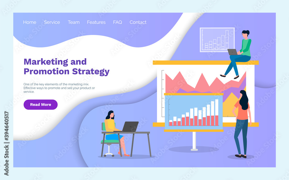 Landing page of marketing site. Marketing and promotion strategy. Researchers studying bar chart, chart area. Woman behind laptop, female standing and studying analytical data. Customer attraction Landing page of marketing site. Marketing and promotion strategy. Researchers studying bar chart, chart area. Woman behind laptop, female standing and studying analytical data. Customer attraction