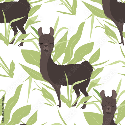 Seamless pattern with hand drawn cute flat boho llamas and plants in neutral colors. On white background.