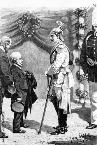 Adolph Menzel, German realist artist and German  Emperor Wilhelm II. 1896. Antique illustration. 1896.