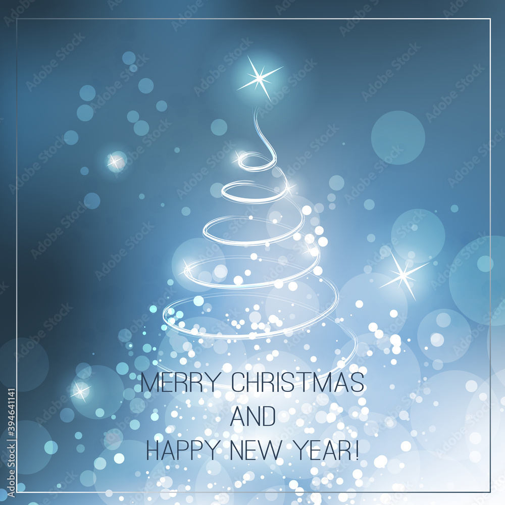 Merry Christmas, Happy Holidays Card - Christmas Tree Shape Made from Bright Spiralling Light on Blue and White Background Merry Christmas, Happy Holidays Card - Christmas Tree Shape Made from Bright Spiralling Light on Blue and White Background
