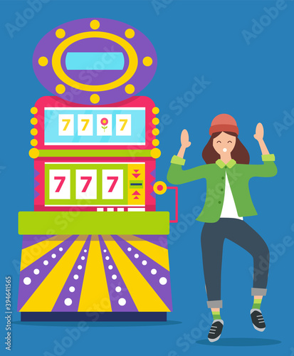 Slot machine jackpot casino win. Lucky woman celebrate winning prize vector illustration. All sevens spin combination on the screen. Happy female character is dancing near the wheel of Fortune