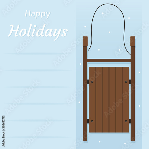 Happy Holidays postcard. Vector illustration of a wooden sled isolated on a blue background.