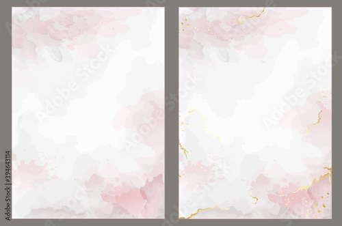 Pink vector watercolor style texture for your design, covers and wedding invitations. Golden marble and splash style. Editable transparent templates made with layers