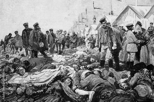 Khodynka tragedy. Russian stampede ocurred 30th may 1896. 1389 deads during the festivities after the coronation of Emperor Nicholas II. Antique illustration. 1896.