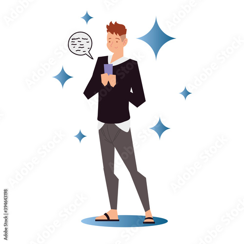 man using smartphone sending sms connected by internet