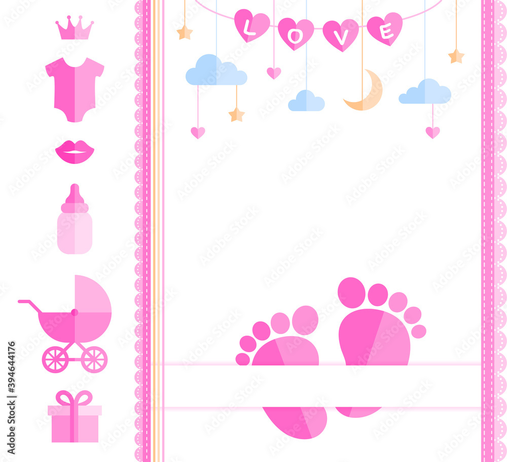 Baby shower card with footprints and a set of kids stuff. Template for little lady fashion, wallpaper, textile, birthday, wedding, invitations. Customizable and printable design