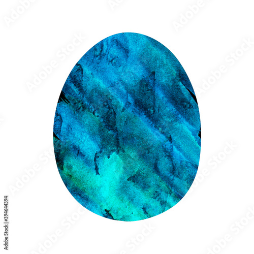 Watercolor illustration of blue egg with beautiful stains. Drawn element to Easter Day greeting card template. Great background for wrapping paper, shirt design print, party invitation, poster.